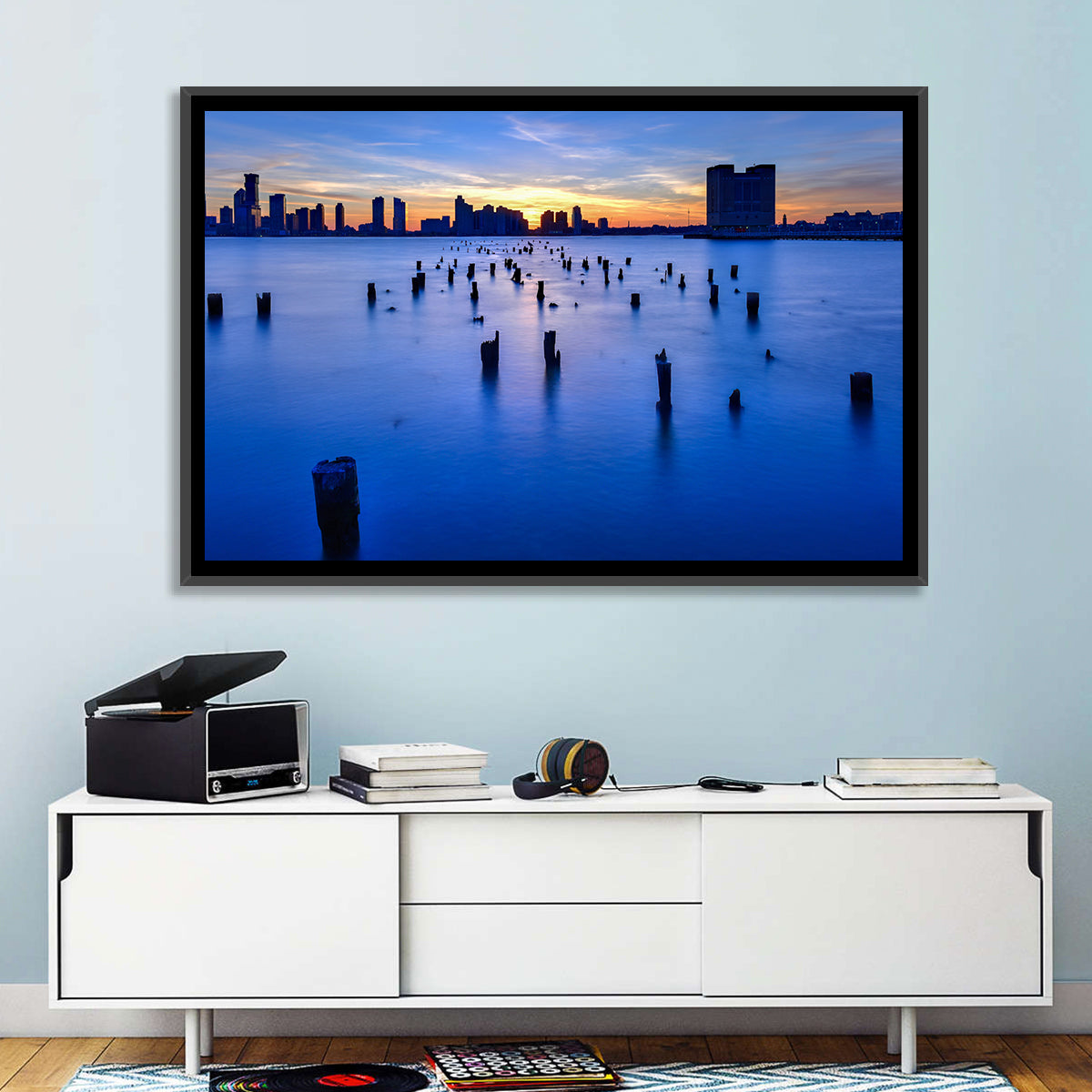Jersey City Skyline at Dusk Wall Art in a room, landscape