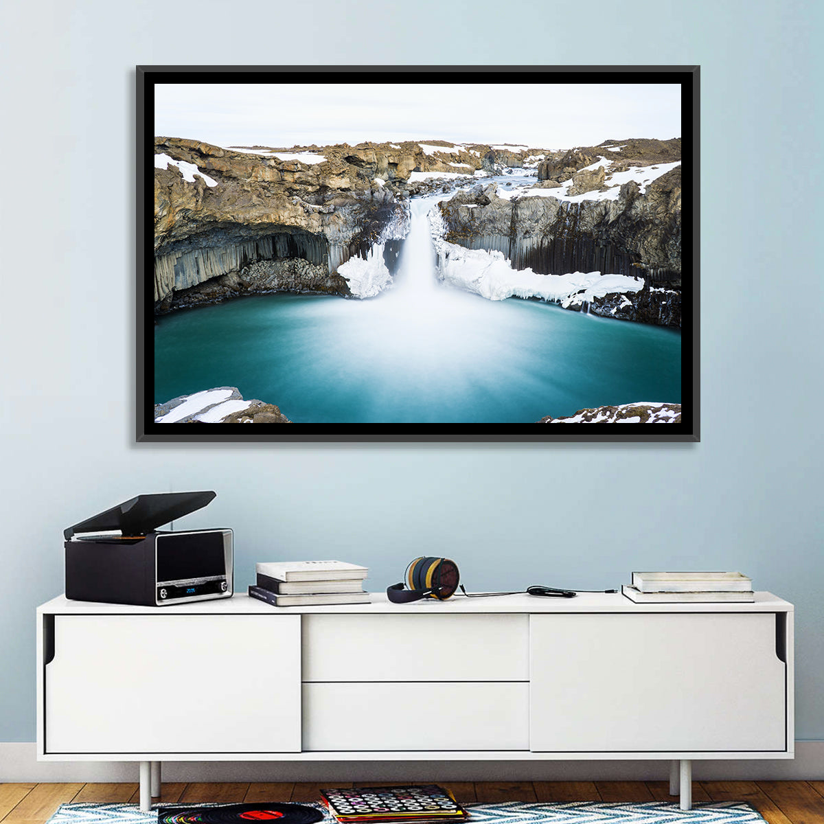 Aldeyjarfoss Basalt Waterfall Wall Art in a room, landscape