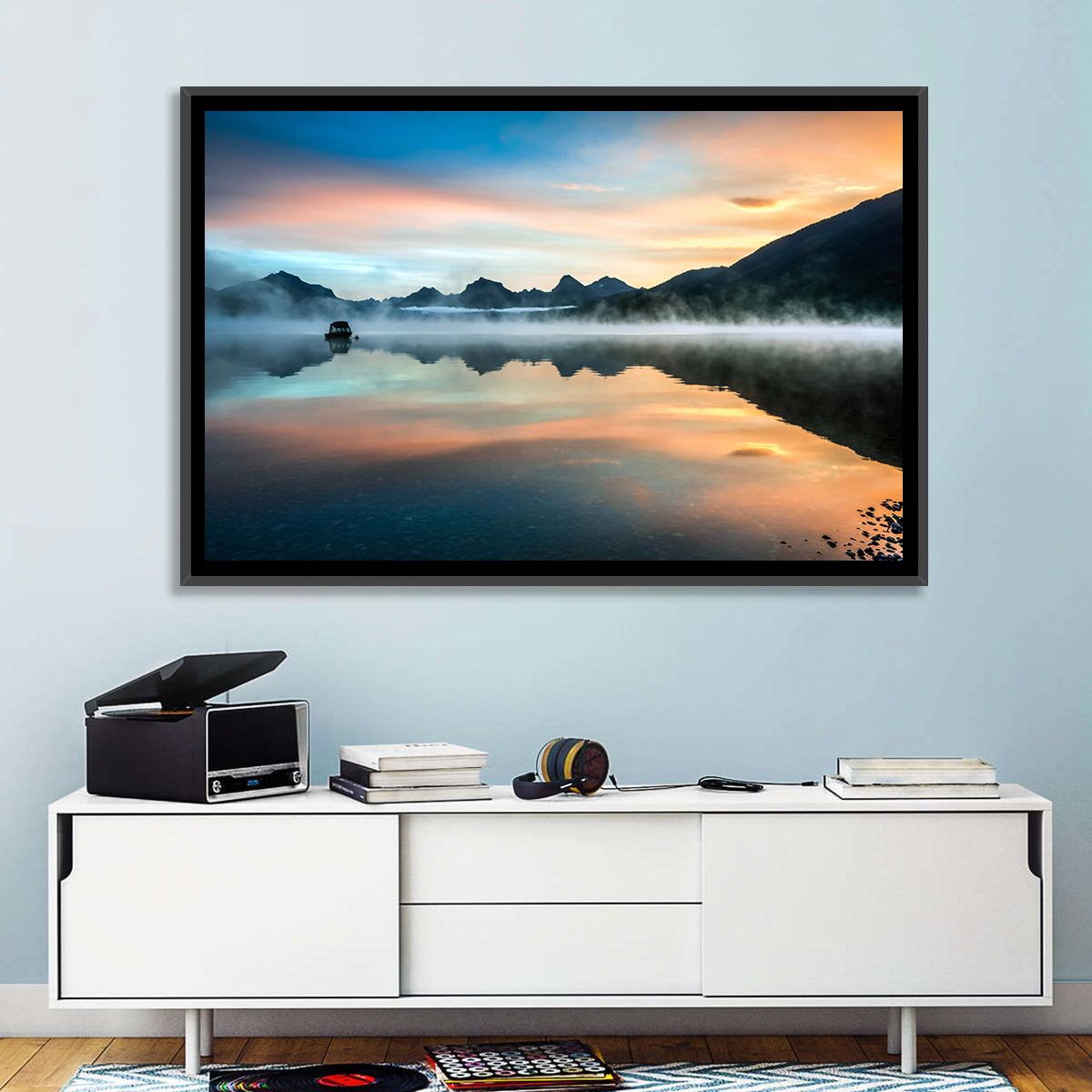 Lake Mcdonald Dawn Mist Wall Art in a room, landscape