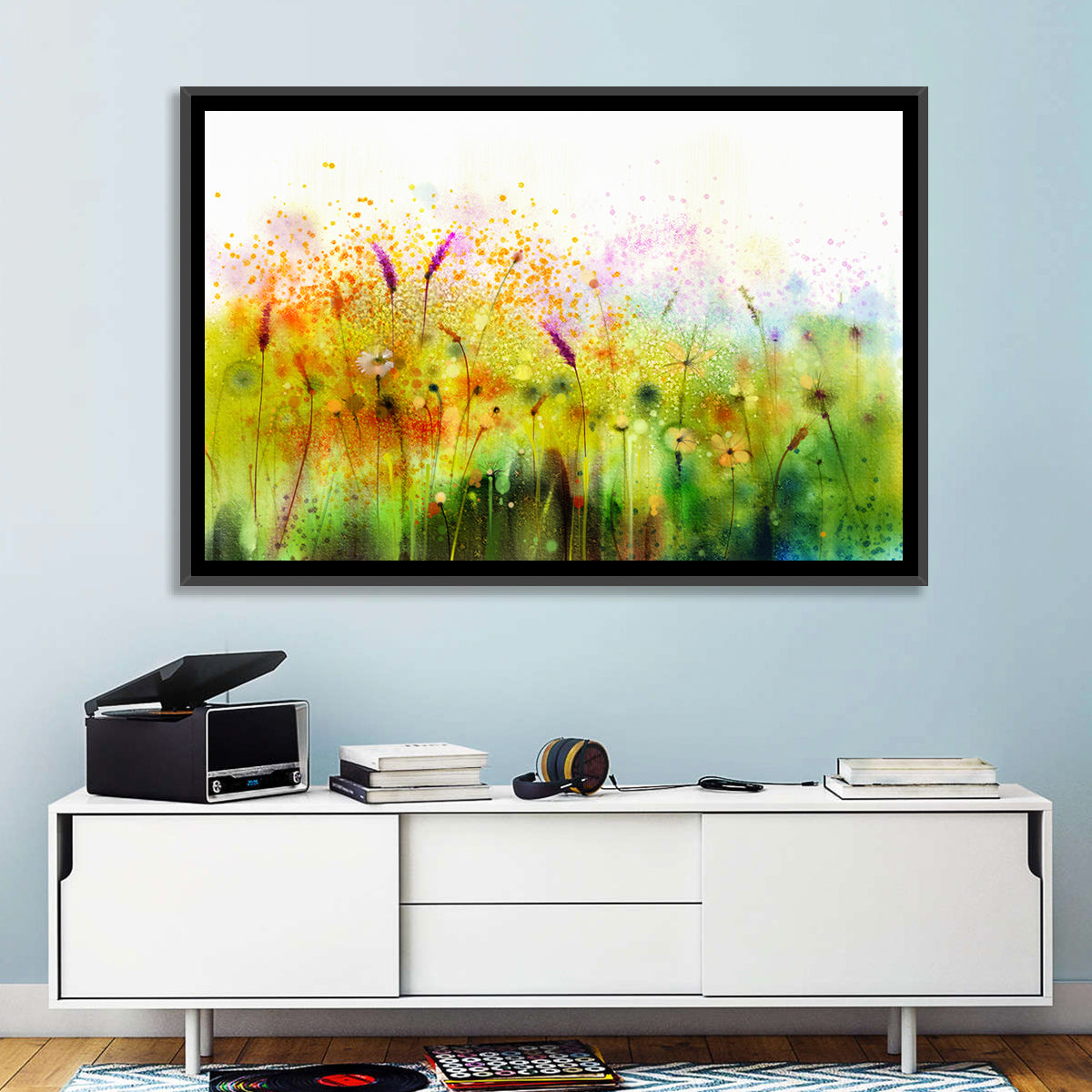 Cosmos Wildflowers Watercolor Wall Art in a room, landscape