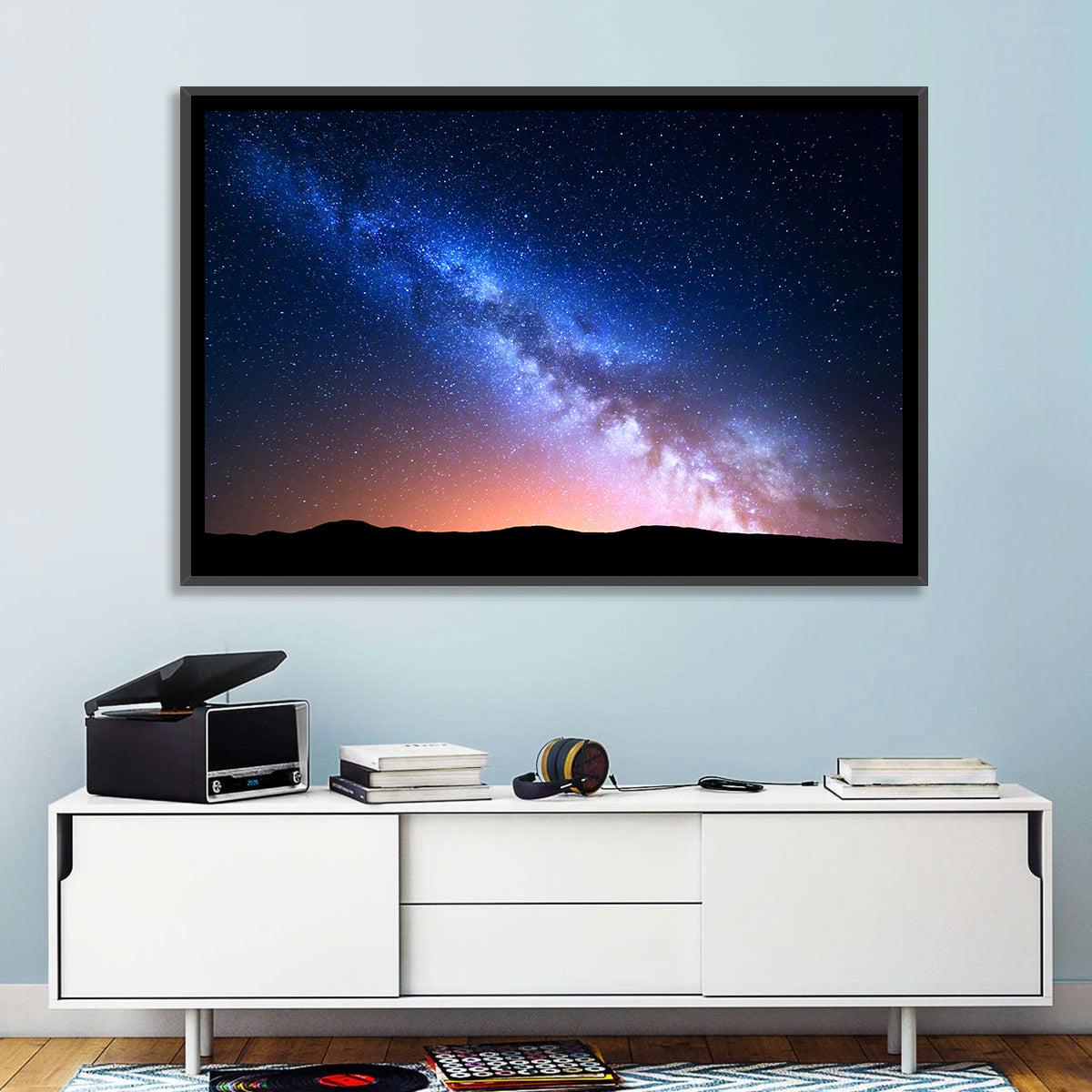 Milky Way Over Silhouetted Hills Wall Art in a room, landscape