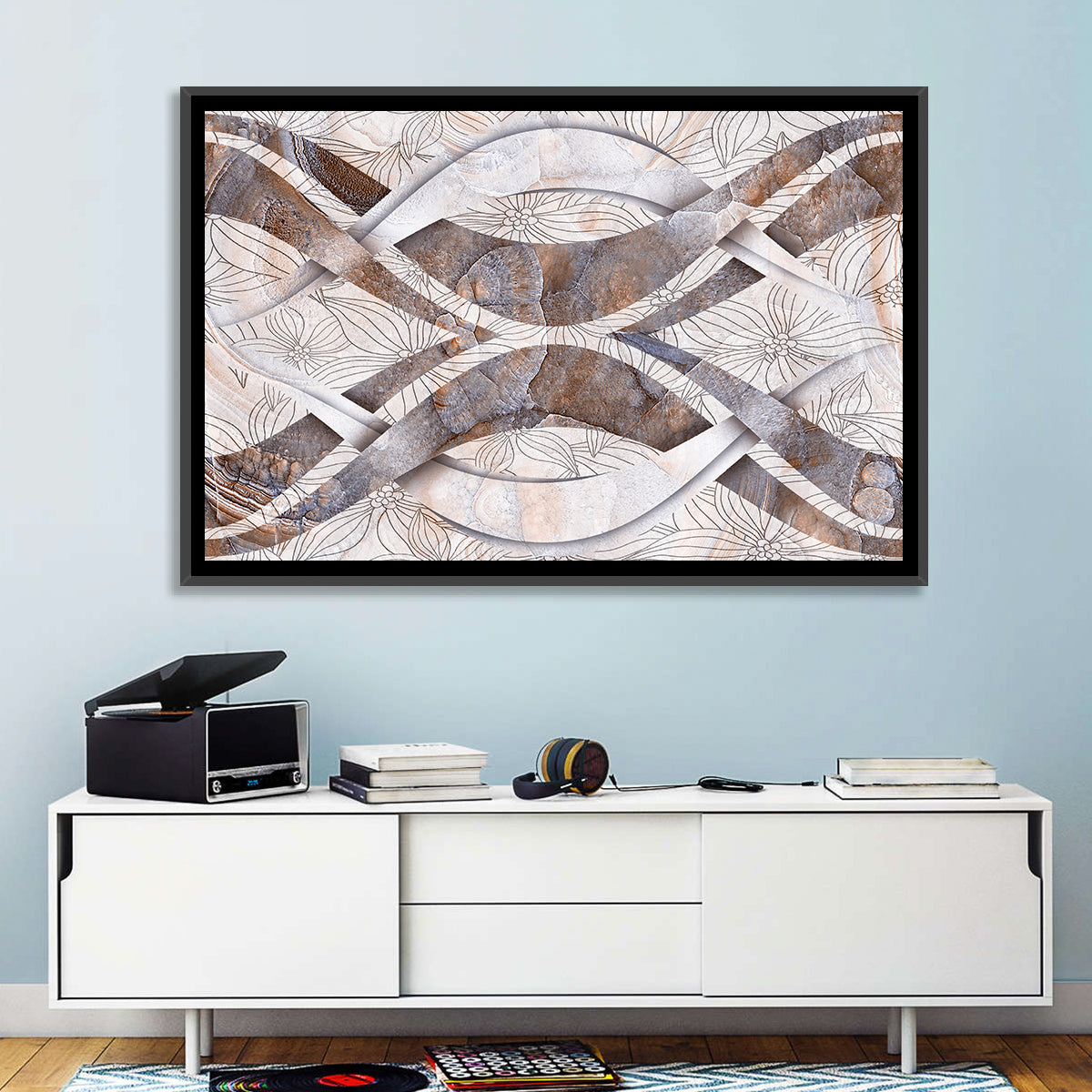 Waving Stone with Line Flowers Wall Art in a room, landscape