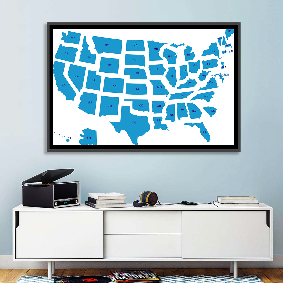 Blue Minimalist USA Map Wall Art in a room, landscape