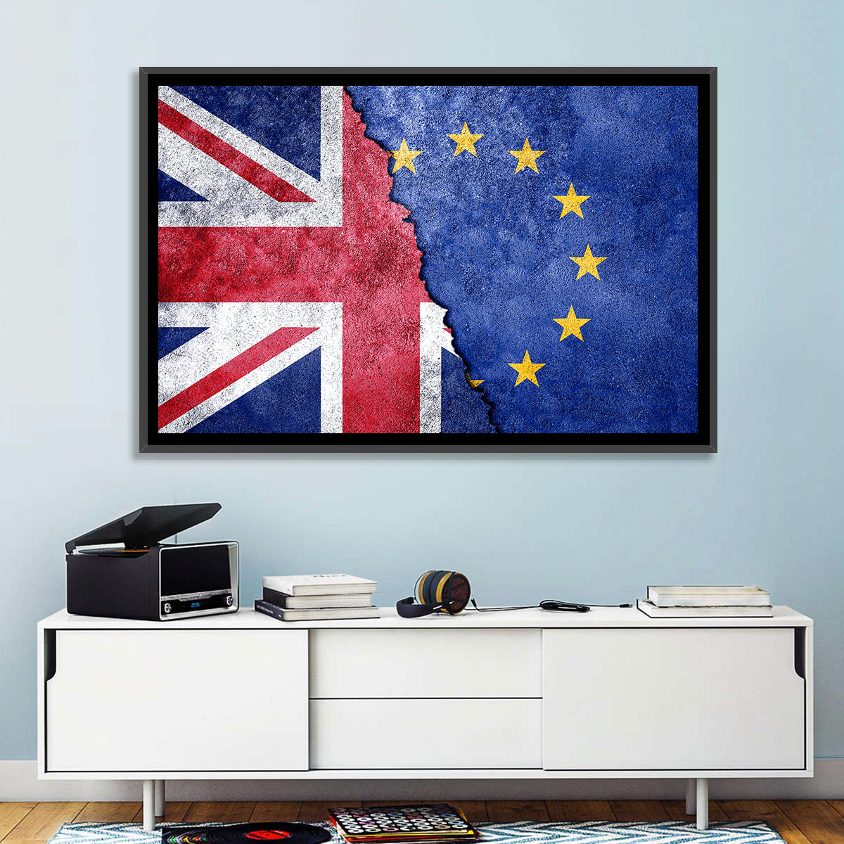 Divided Union Jack and Eu Flag Wall Art in a room, landscape
