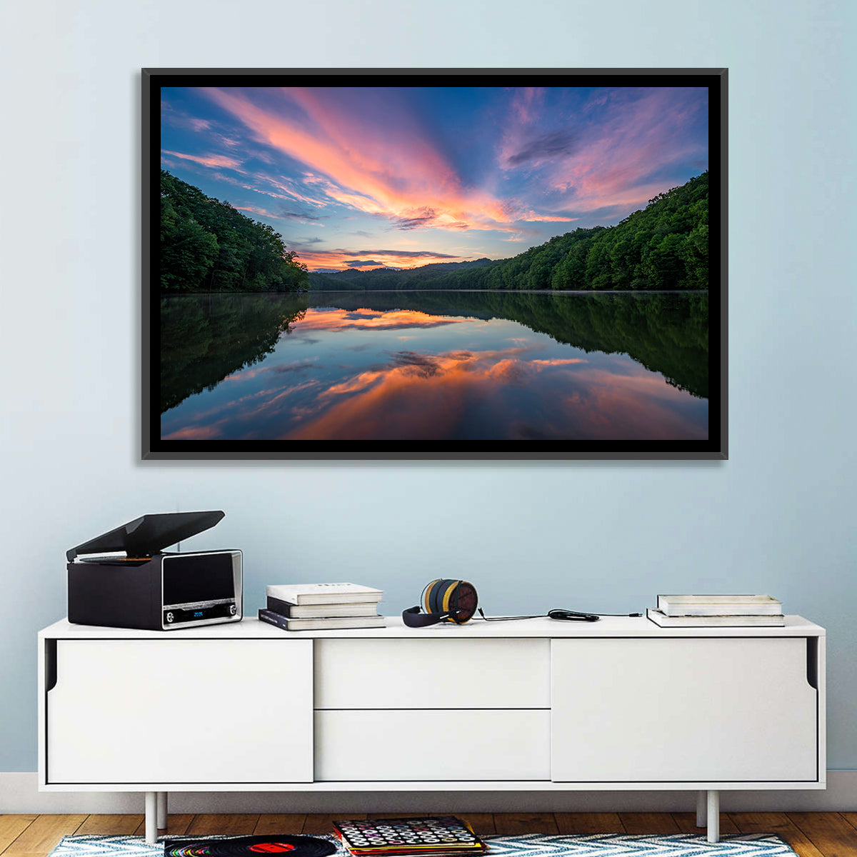 Appalachian Lake Sunset Wall Art in a room, landscape