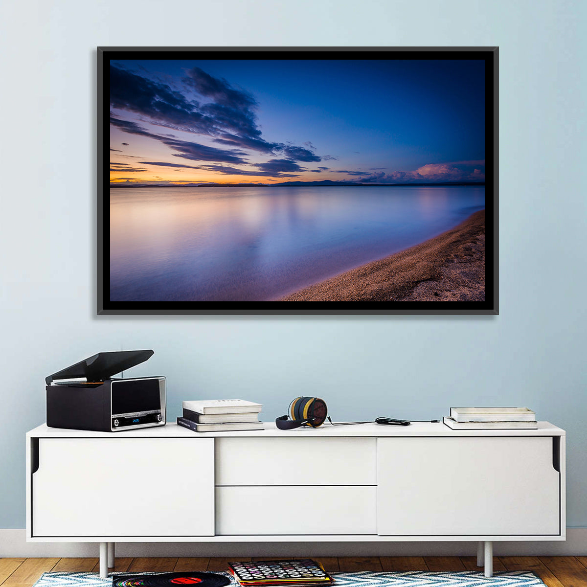 Lake Winnipesaukee Shoreline Sunset Wall Art in a room, landscape
