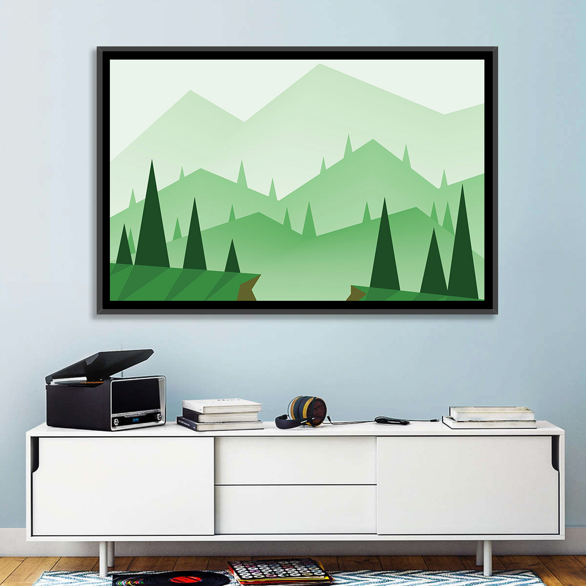 Misty Green Hills Illustration Wall Art in a room, landscape