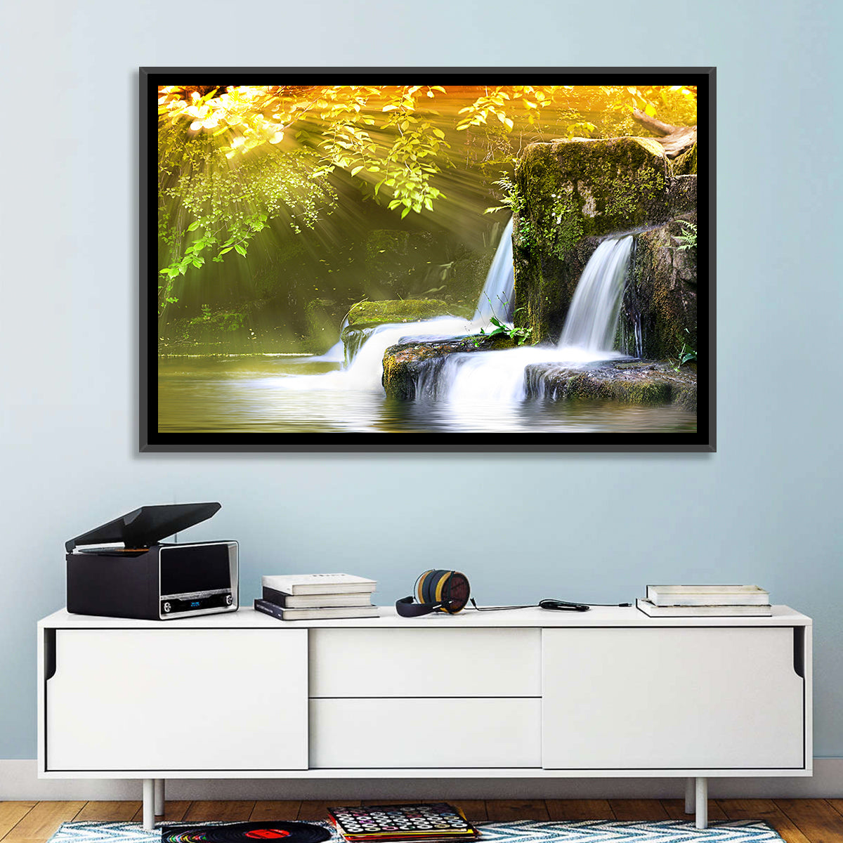 Sunlit Forest Waterfall Wall Art in a room, landscape
