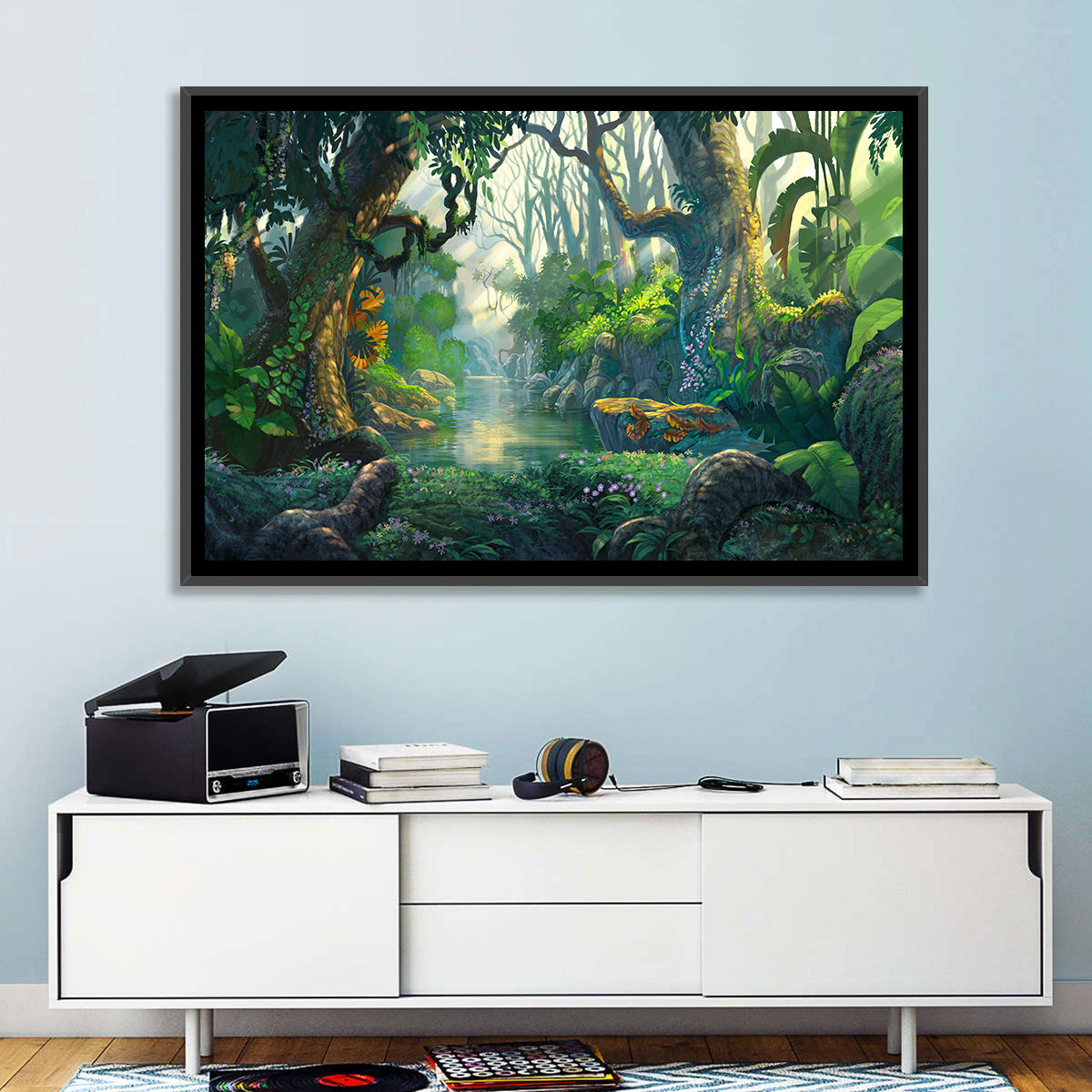 Sunlit Jungle River Wall Art in a room, landscape