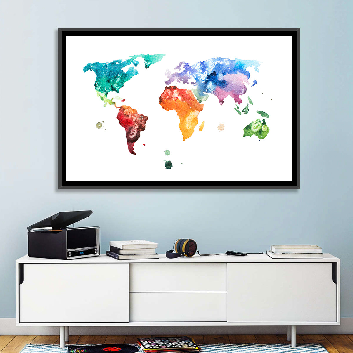 Multicolor Watercolor World Map Wall Art in a room, landscape
