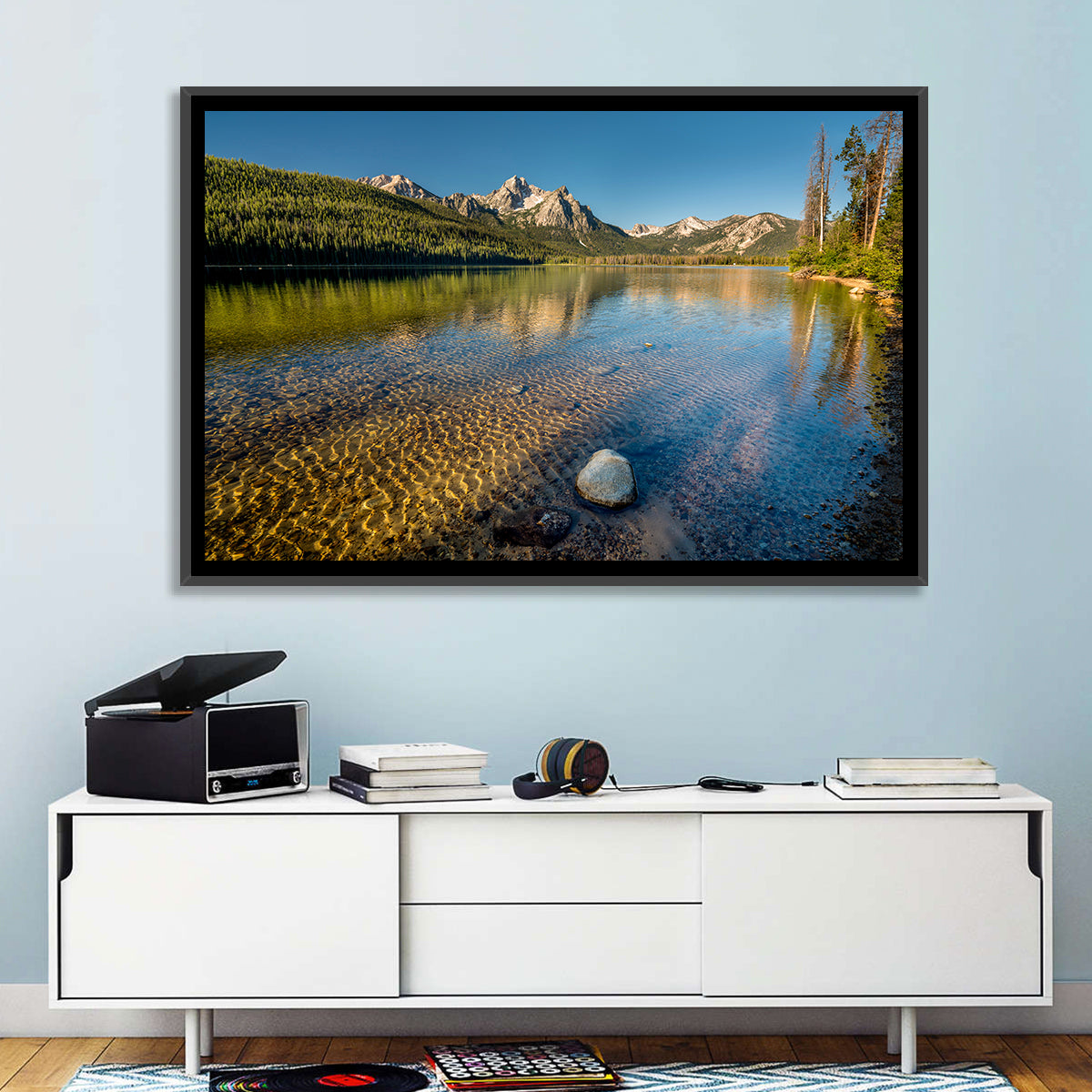 Morning Light at Stanley Lake Wall Art in a room, landscape
