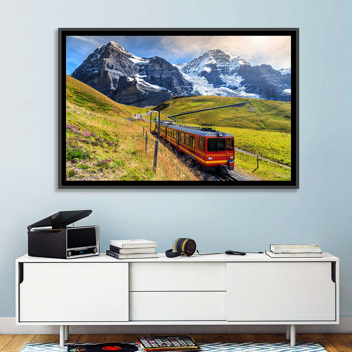 Red Alpine Train at Eiger Wall Art in a room, landscape