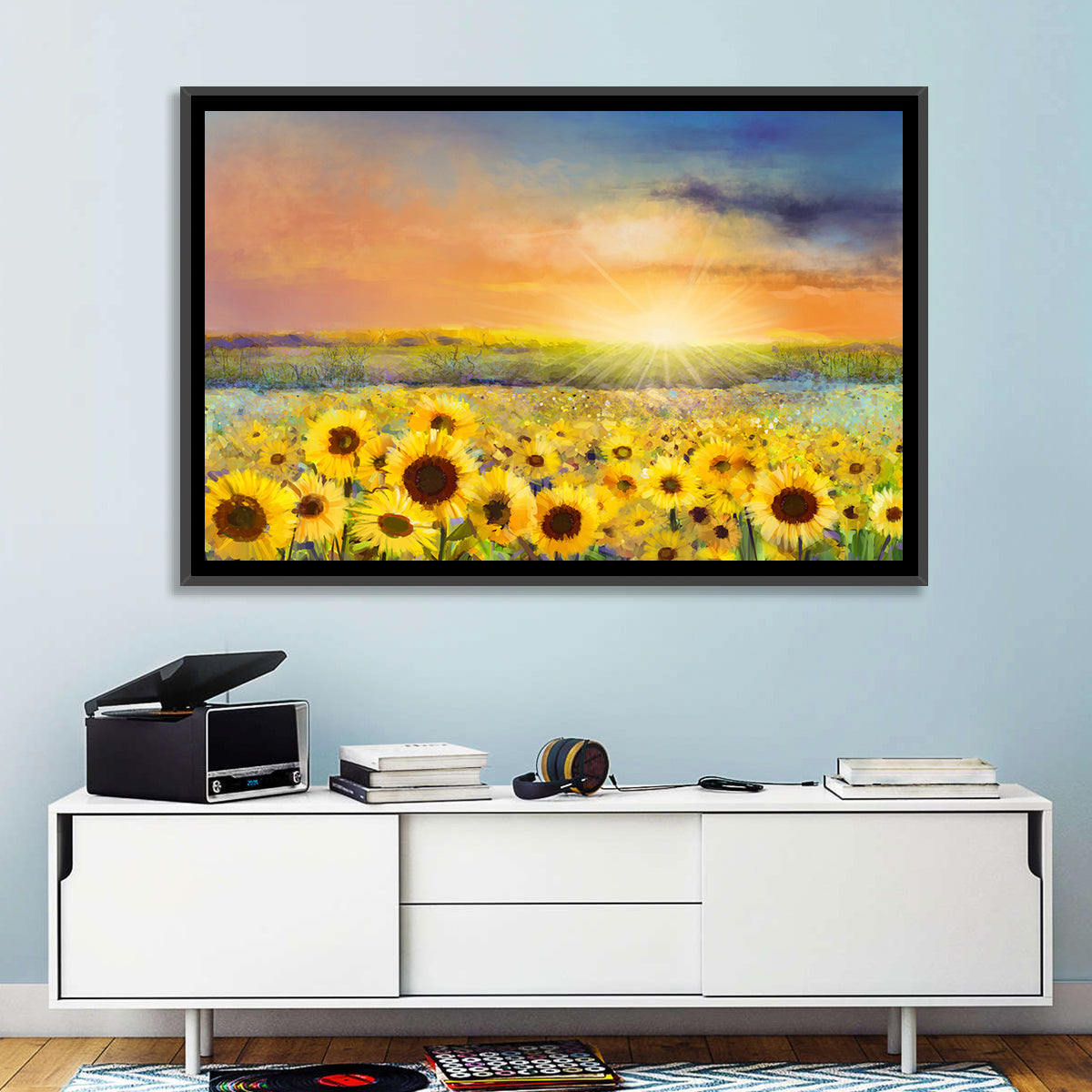 Sunburst Over Sunflower Field Wall Art in a room, landscape