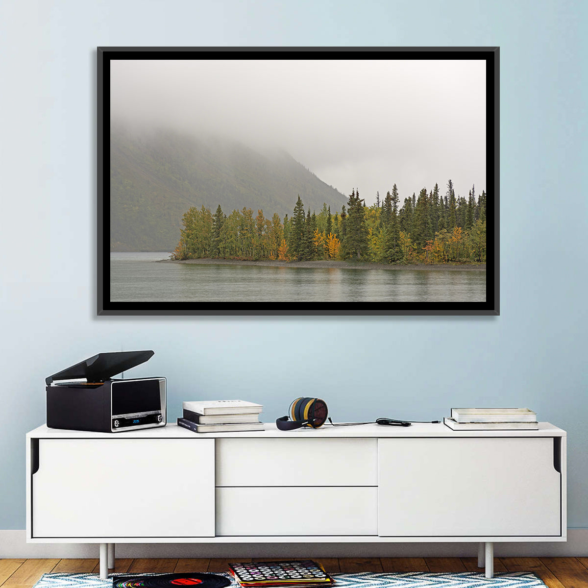 Kathleen Lake Autumn Shoreline Wall Art in a room, landscape