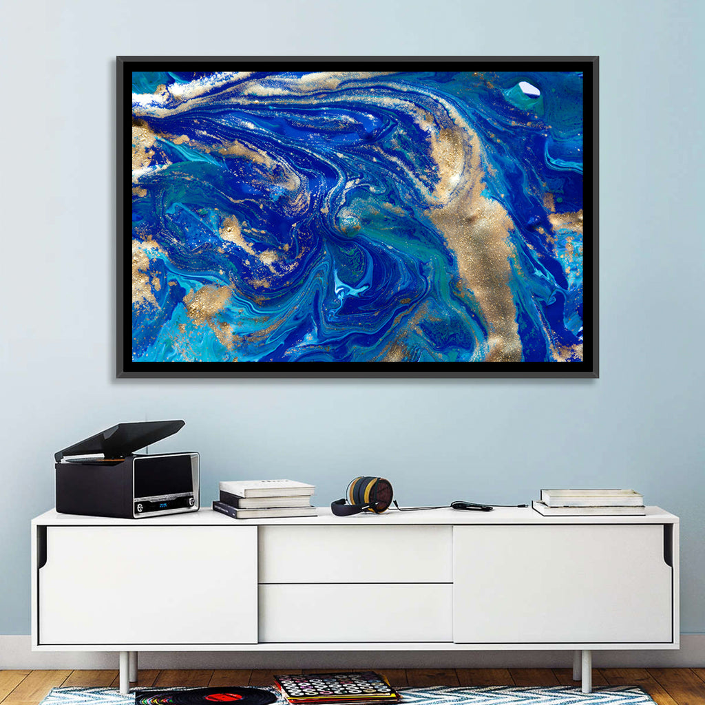 Blue and Gold Liquid Marble Swirls Wall Art