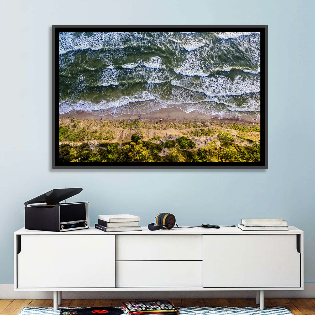 Aerial Waves Over Sandy Cliff Wall Art in a room, landscape
