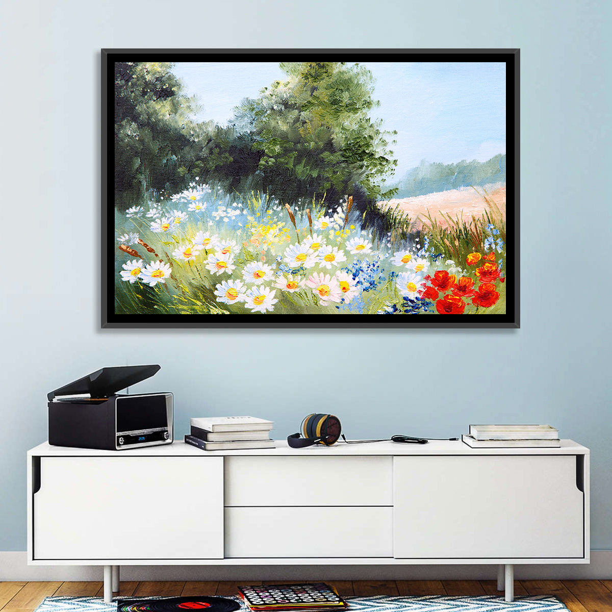 Sunny Daisy Meadow with Red Poppies Wall Art in a room, landscape