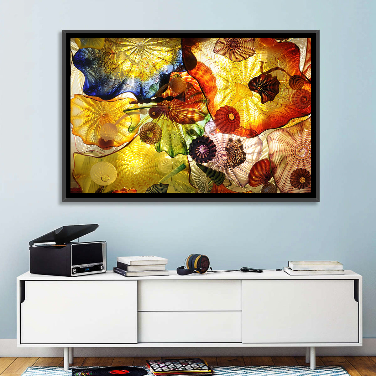 Kaleidoscopic Glass Ceiling Abstract Wall Art in a room, landscape