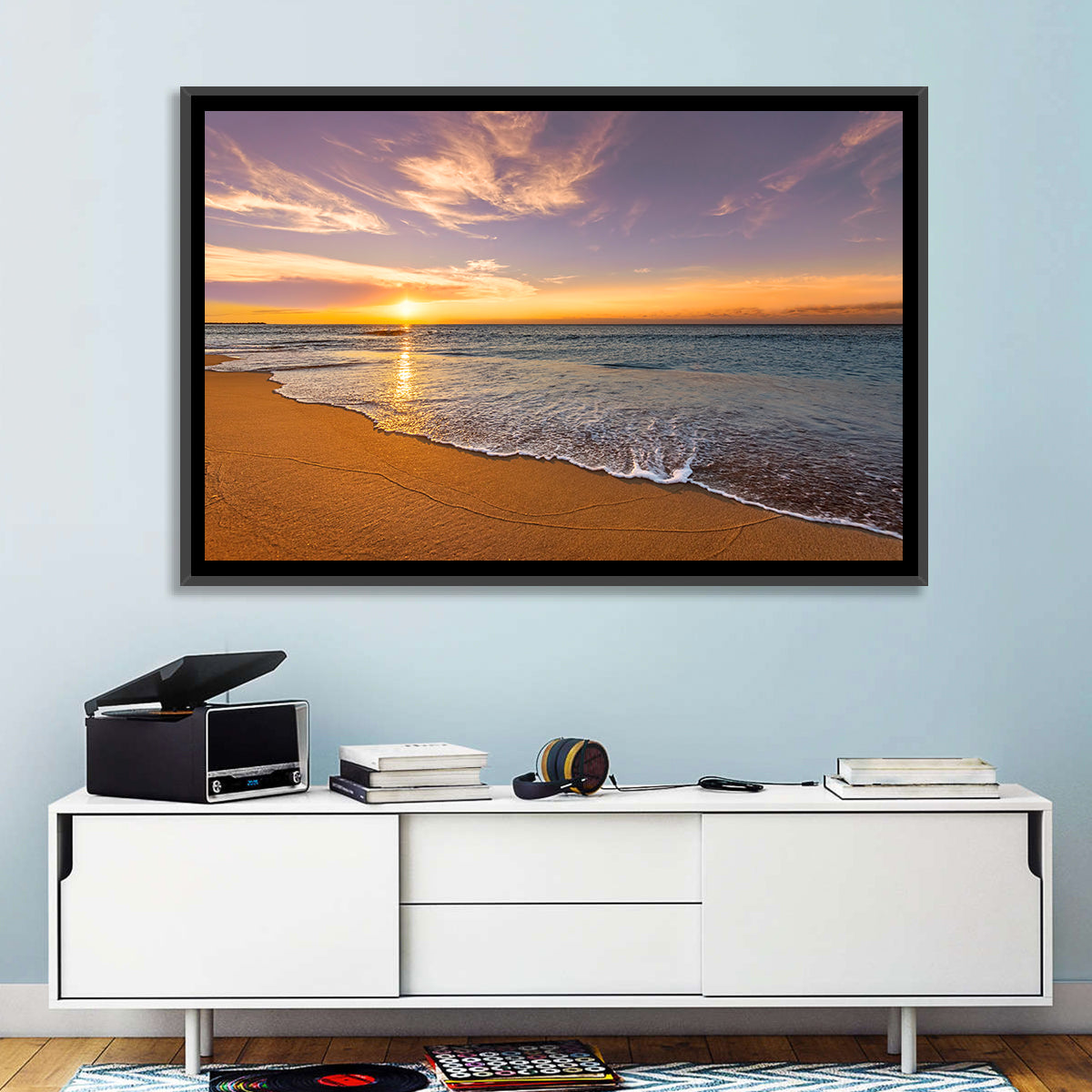 Sunrise Over Ocean Beach Wall Art in a room, landscape