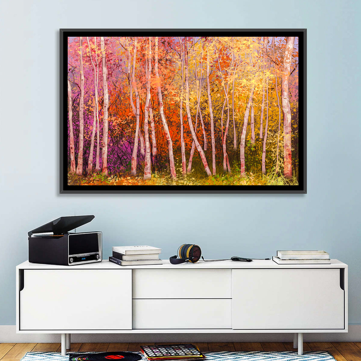 Vibrant Autumn Birch Grove Wall Art in a room, landscape