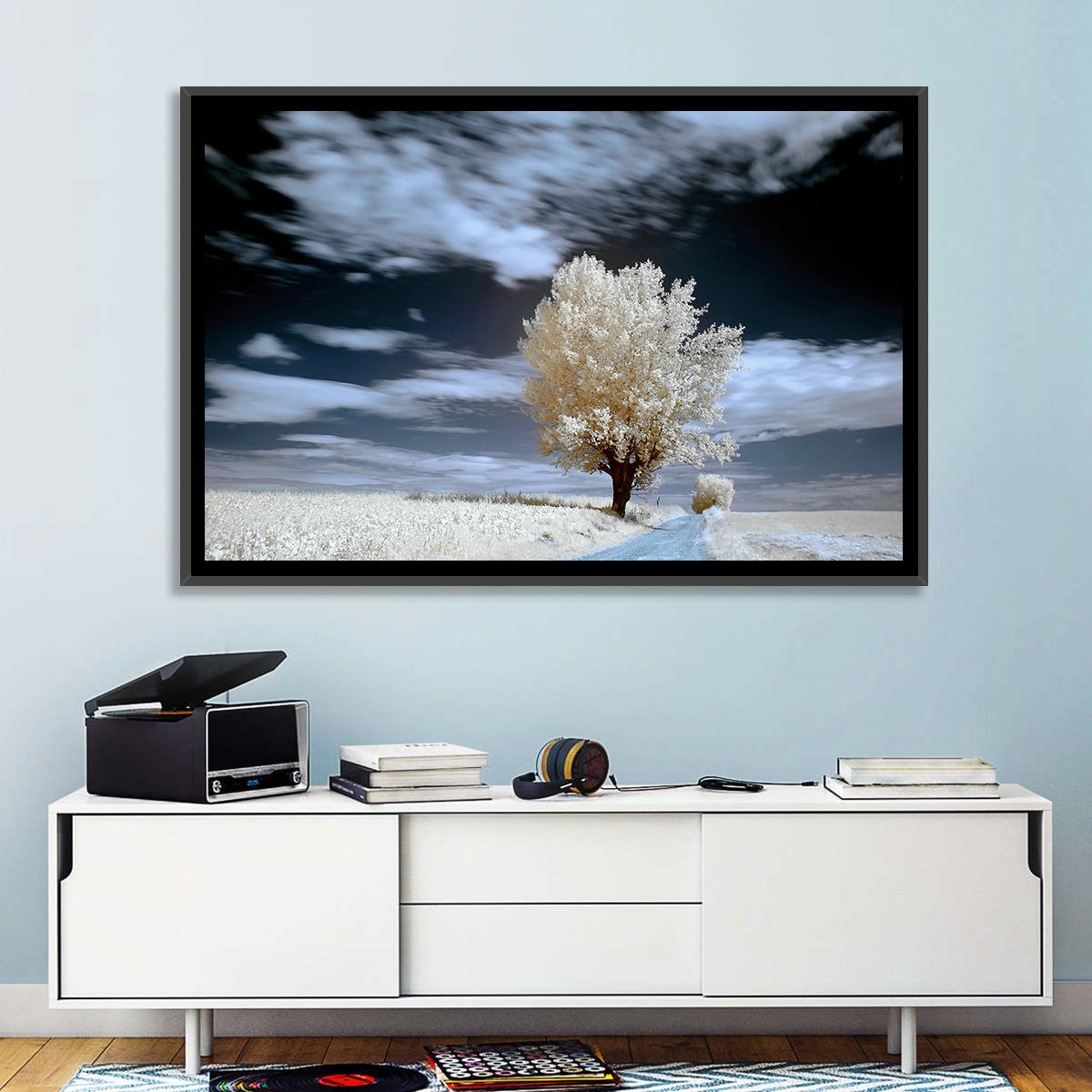 Infrared Winter Willow Tree Wall Art in a room, landscape