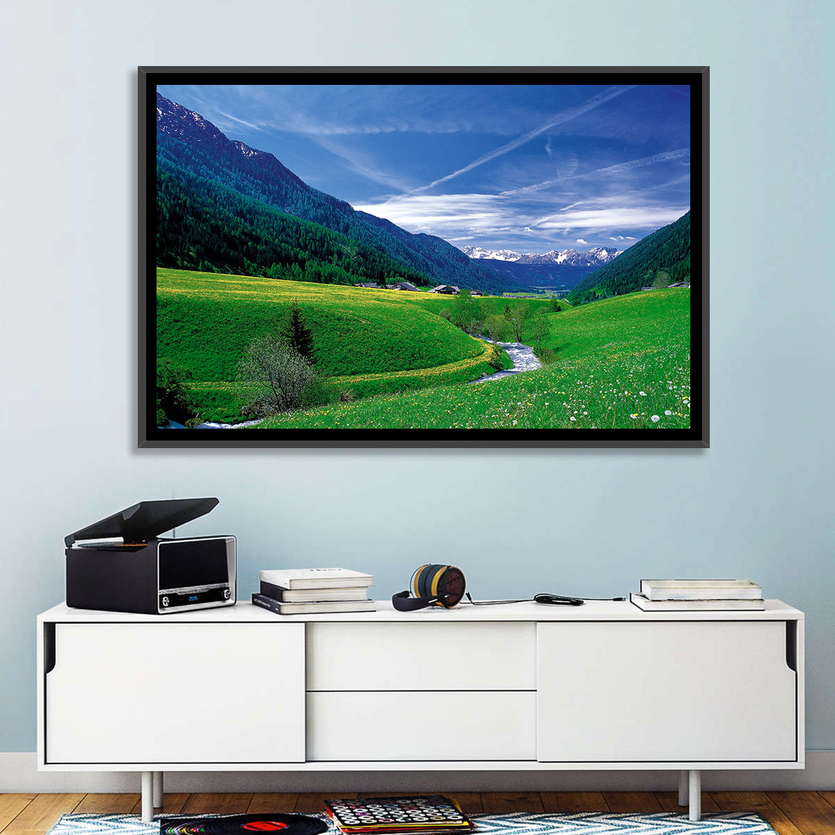 Snow-capped Peaks and Floral Meadow Wall Art in a room, landscape