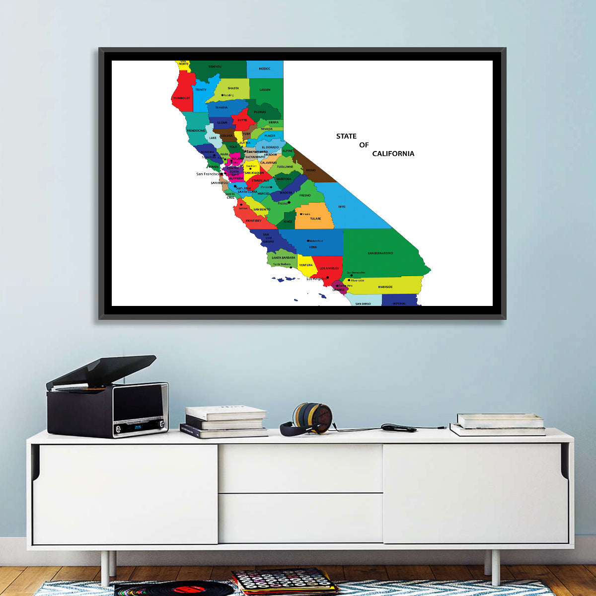California Map with Colored Counties Wall Art in a room, landscape