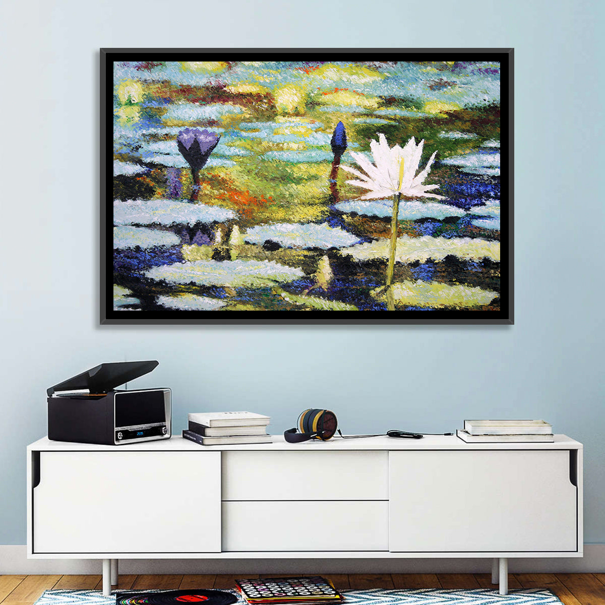 Impressionist Water Lilies Study Wall Art in a room, landscape
