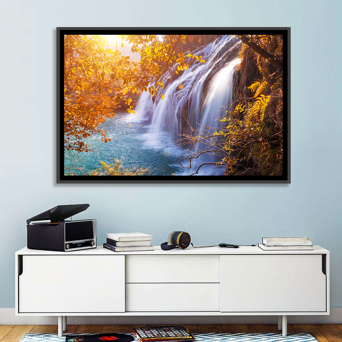 Golden Hour Waterfall in Autumn Forest Wall Art in a room, landscape