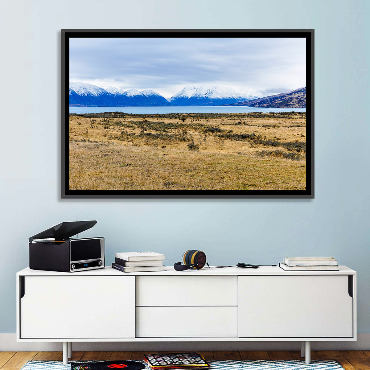 Snowy Peaks of Lake Ohau Wall Art in a room, landscape