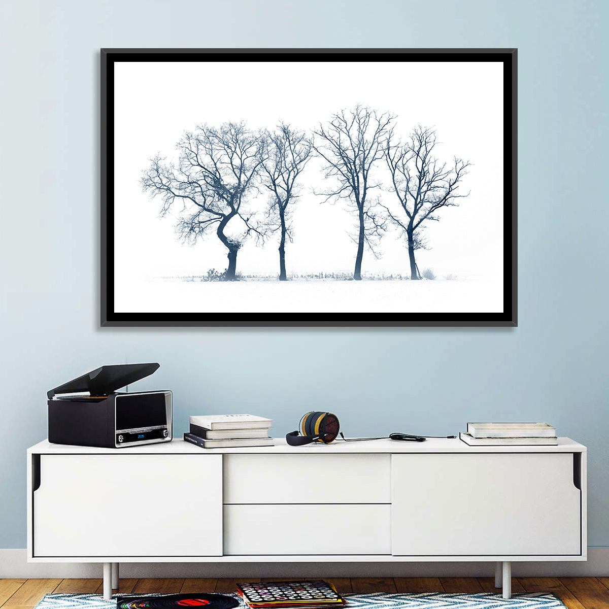 Four Bare Trees in Winter Wall Art in a room, landscape