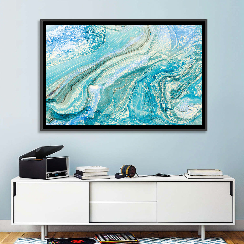 Aqua Marble Swirls with Silver Accents Wall Art