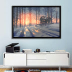 Snowy Forest Cabin at Sunset Wall Art