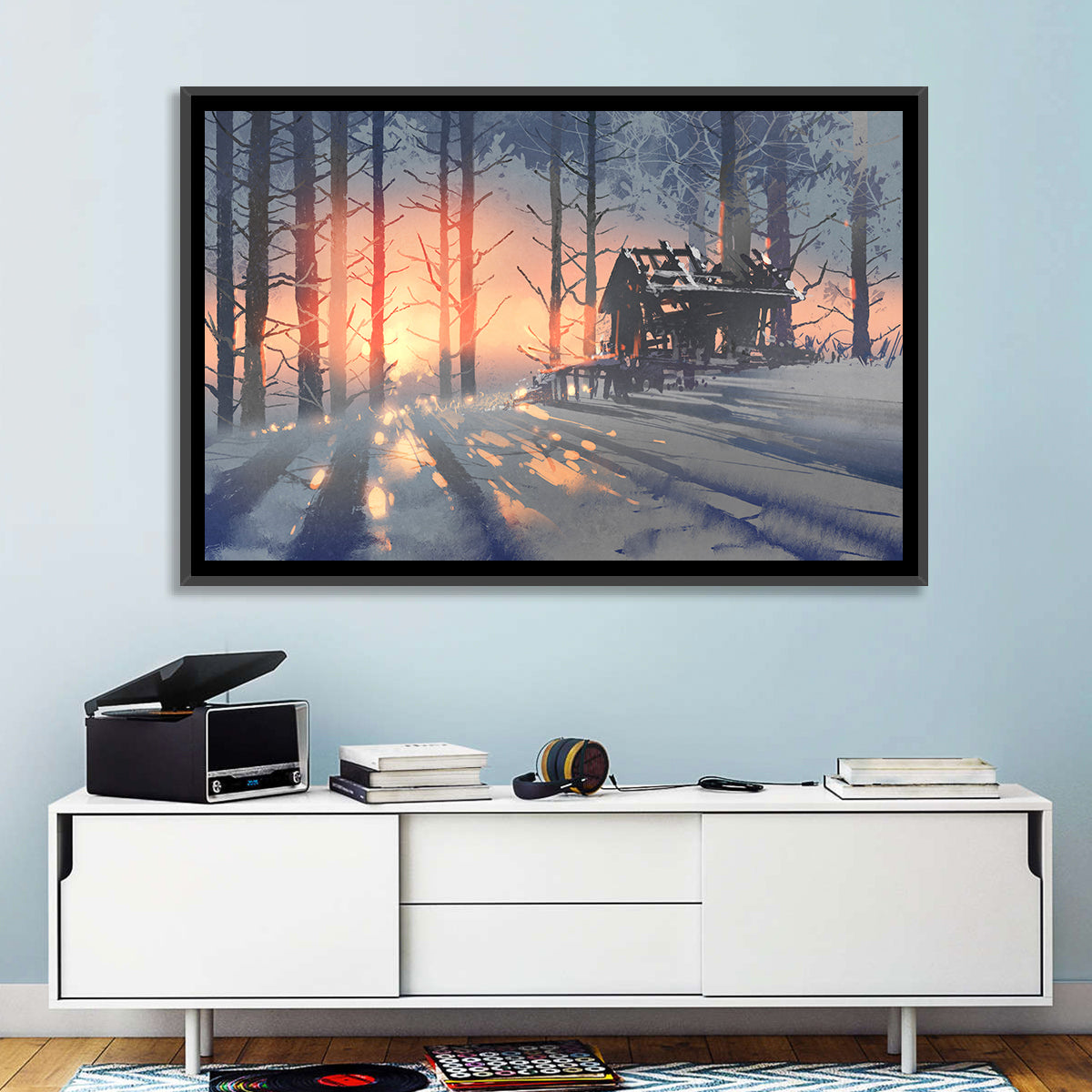 Snowy Forest Cabin at Sunset Wall Art