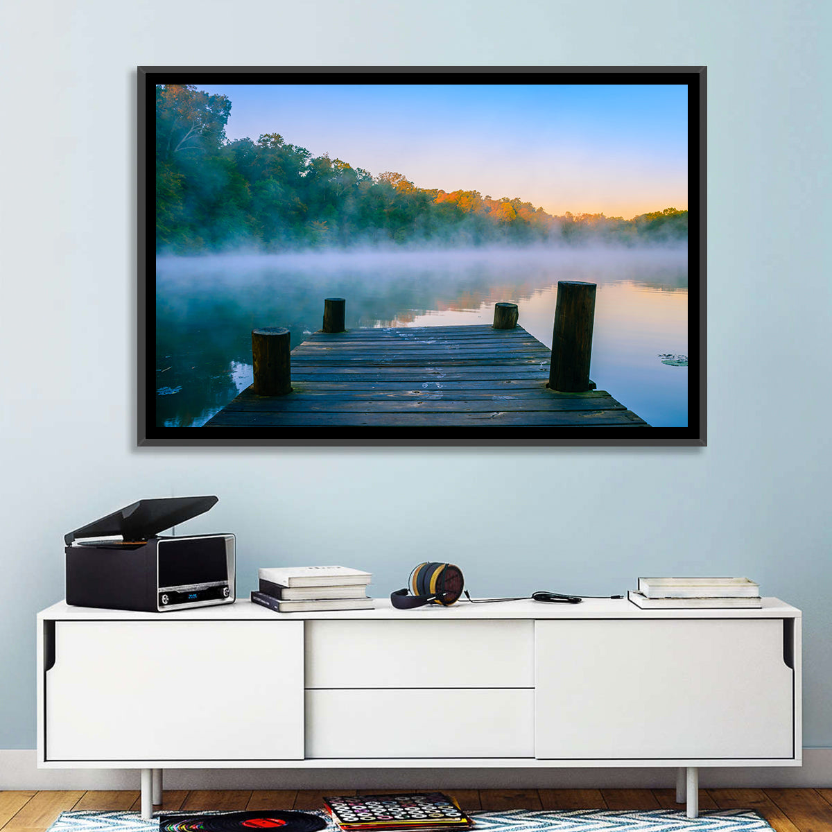 Misty Dock, Mt Saint Francis Wall Art in a room, landscape