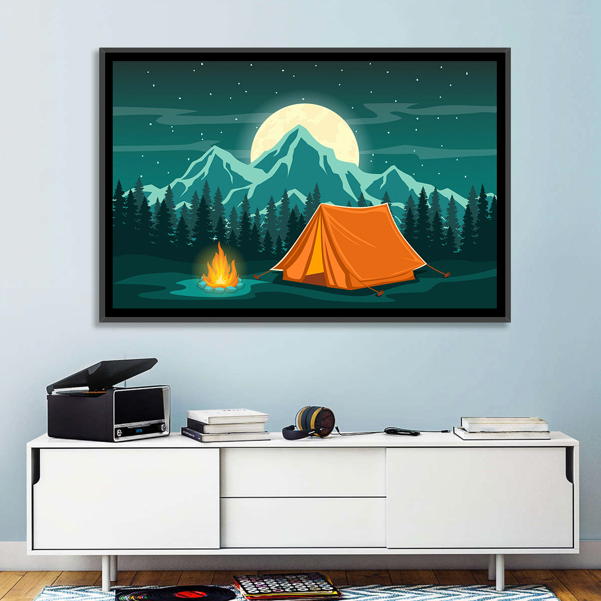 Moonlit Campfire Landscape Wall Art in a room, landscape