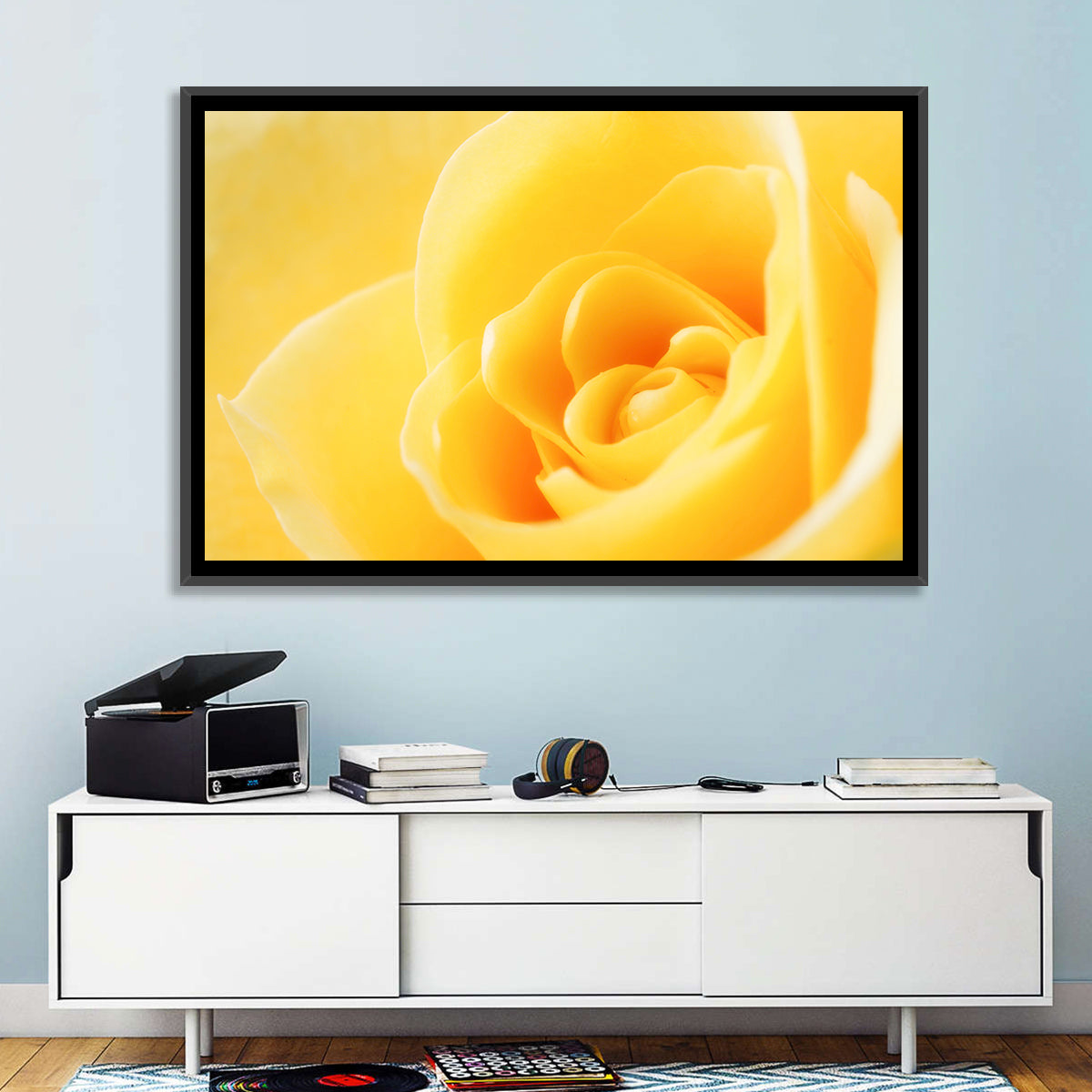 Soft-lit Yellow Rose Close-up Wall Art in a room, landscape