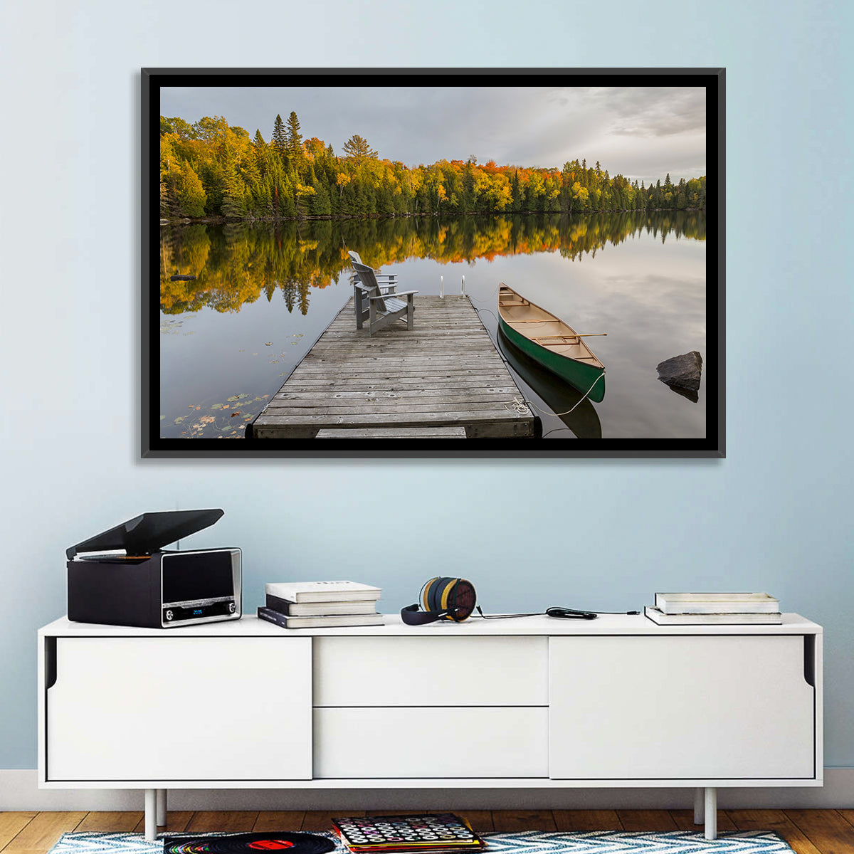 Ontario Autumn Lake Dock Wall Art in a room, landscape
