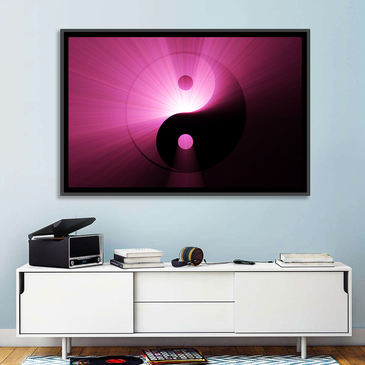 Magenta Yin Yang Symbol Wall Art in a room, landscape