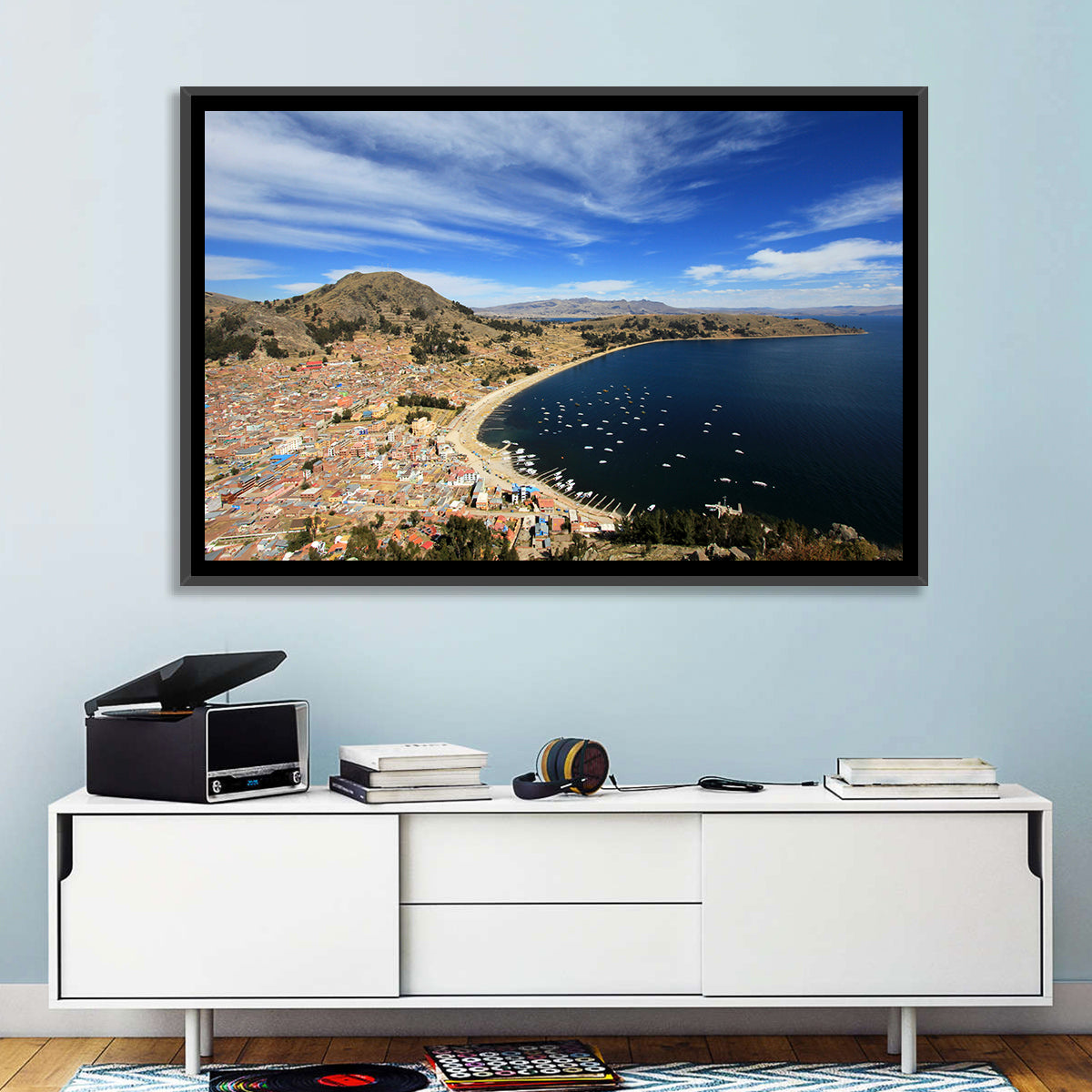 Copacabana Aerial Over Lake Titicaca Wall Art in a room, landscape