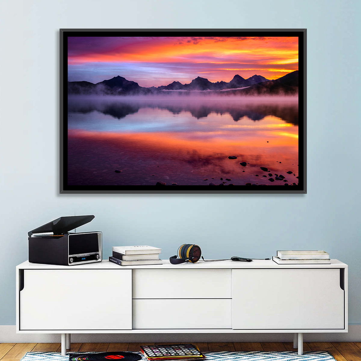 Lake Mcdonald Misty Sunset Wall Art in a room, landscape