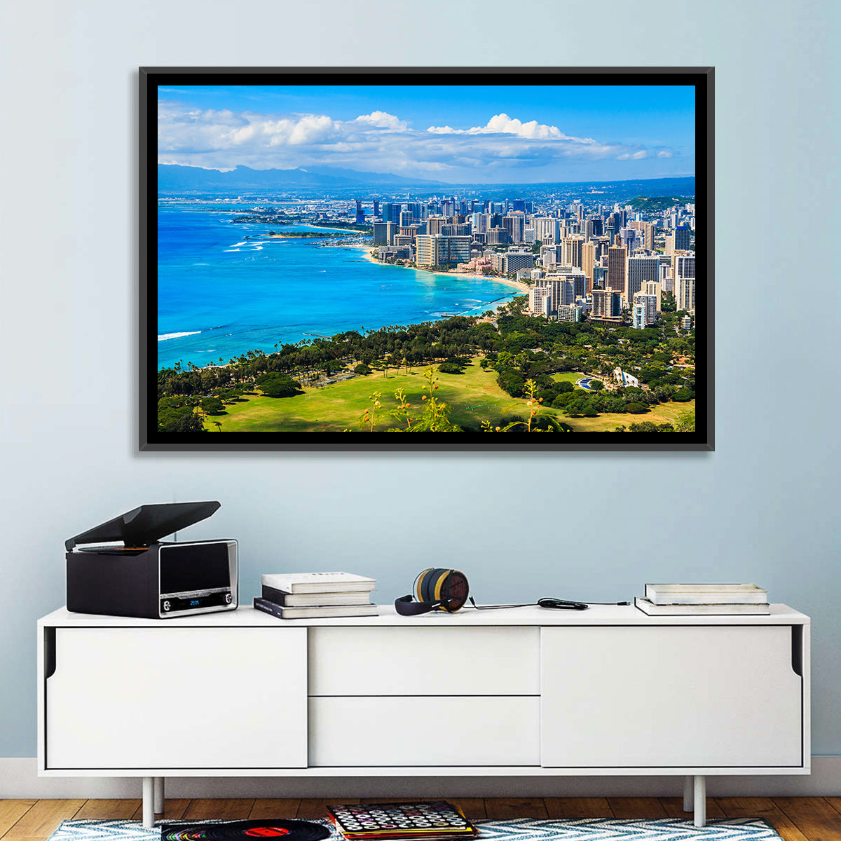 Honolulu Skyline Wall Art in a room, landscape