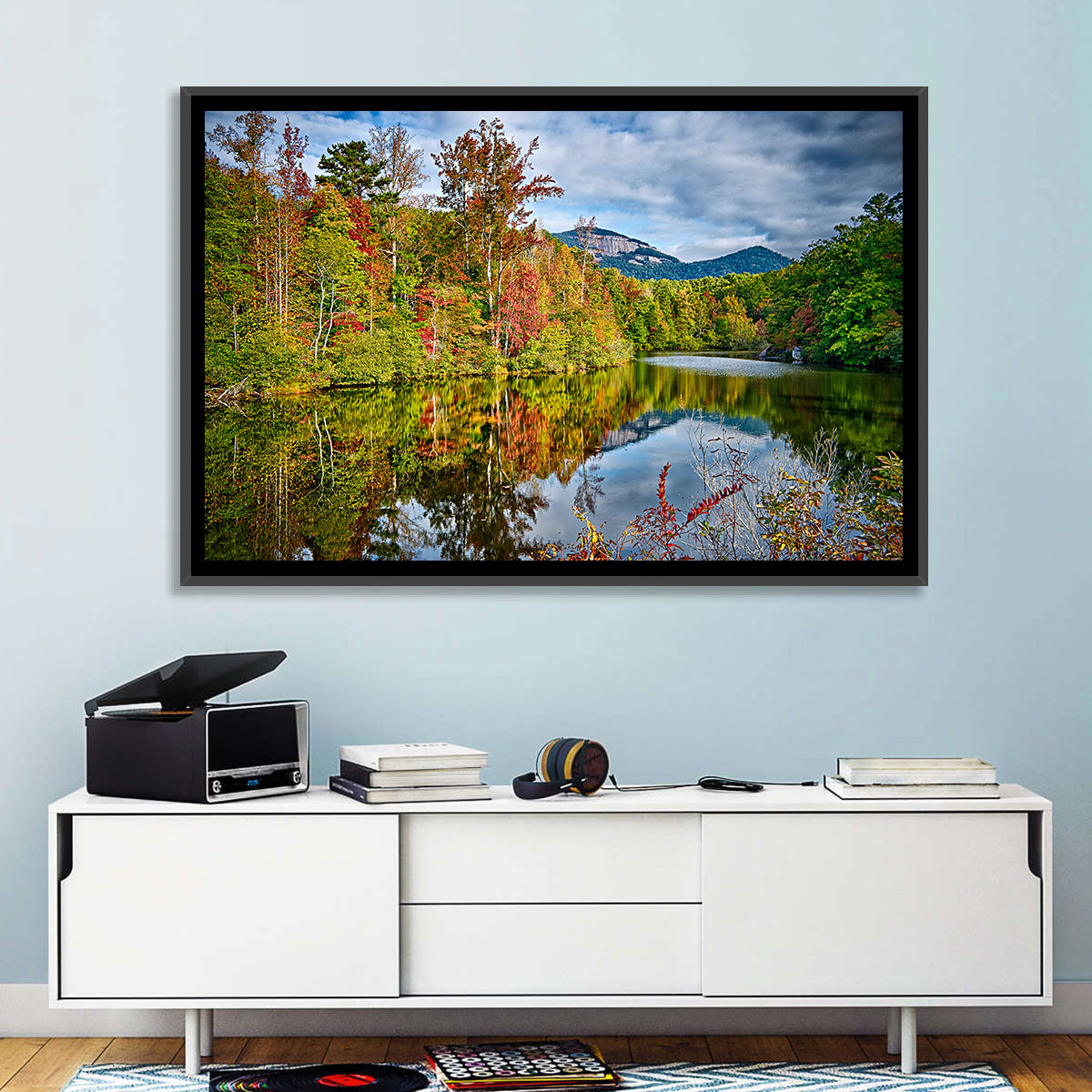 Lake Jocassee Autumn Reflection Wall Art in a room, landscape