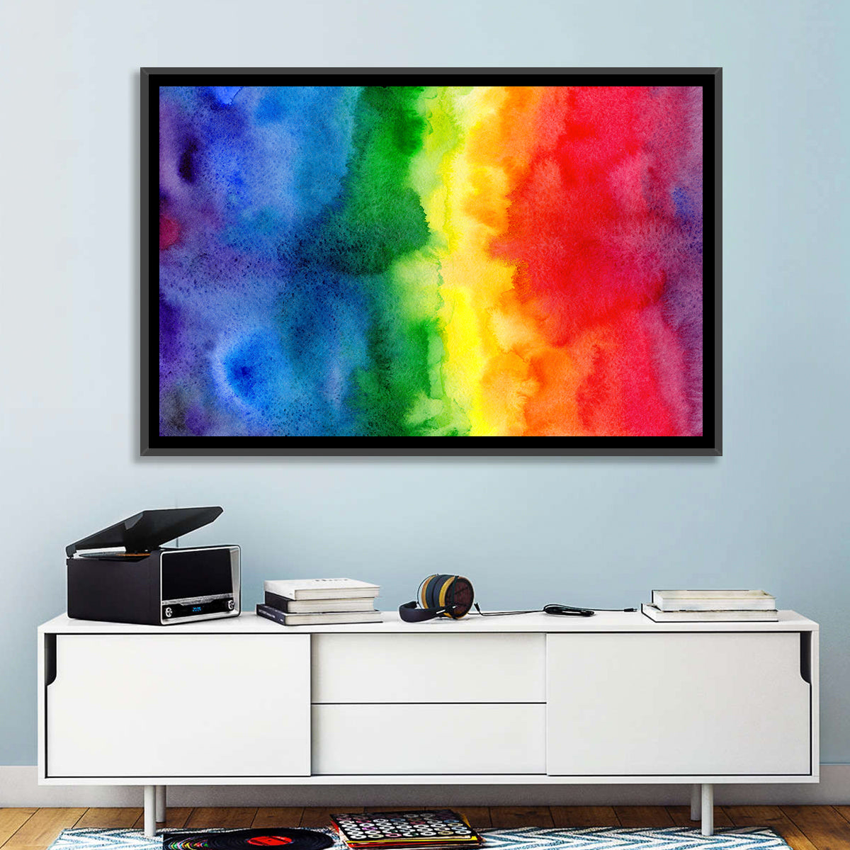 Watercolor Rainbow Gradient Wall Art in a room, landscape