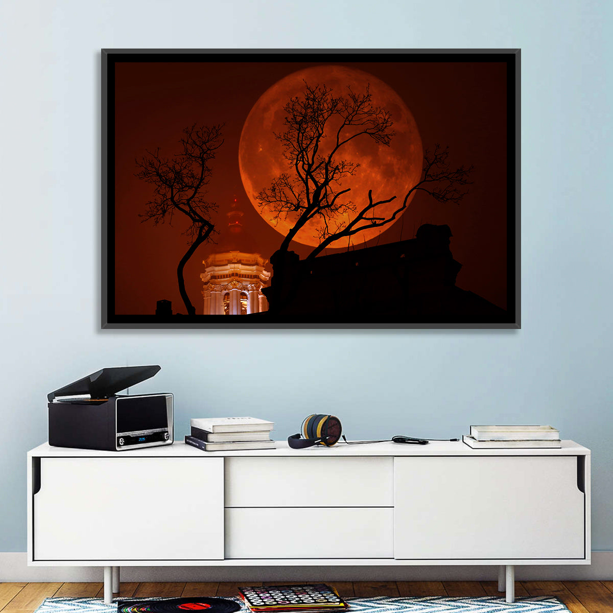 Haunted Supermoon Over Church Spire Wall Art in a room, landscape