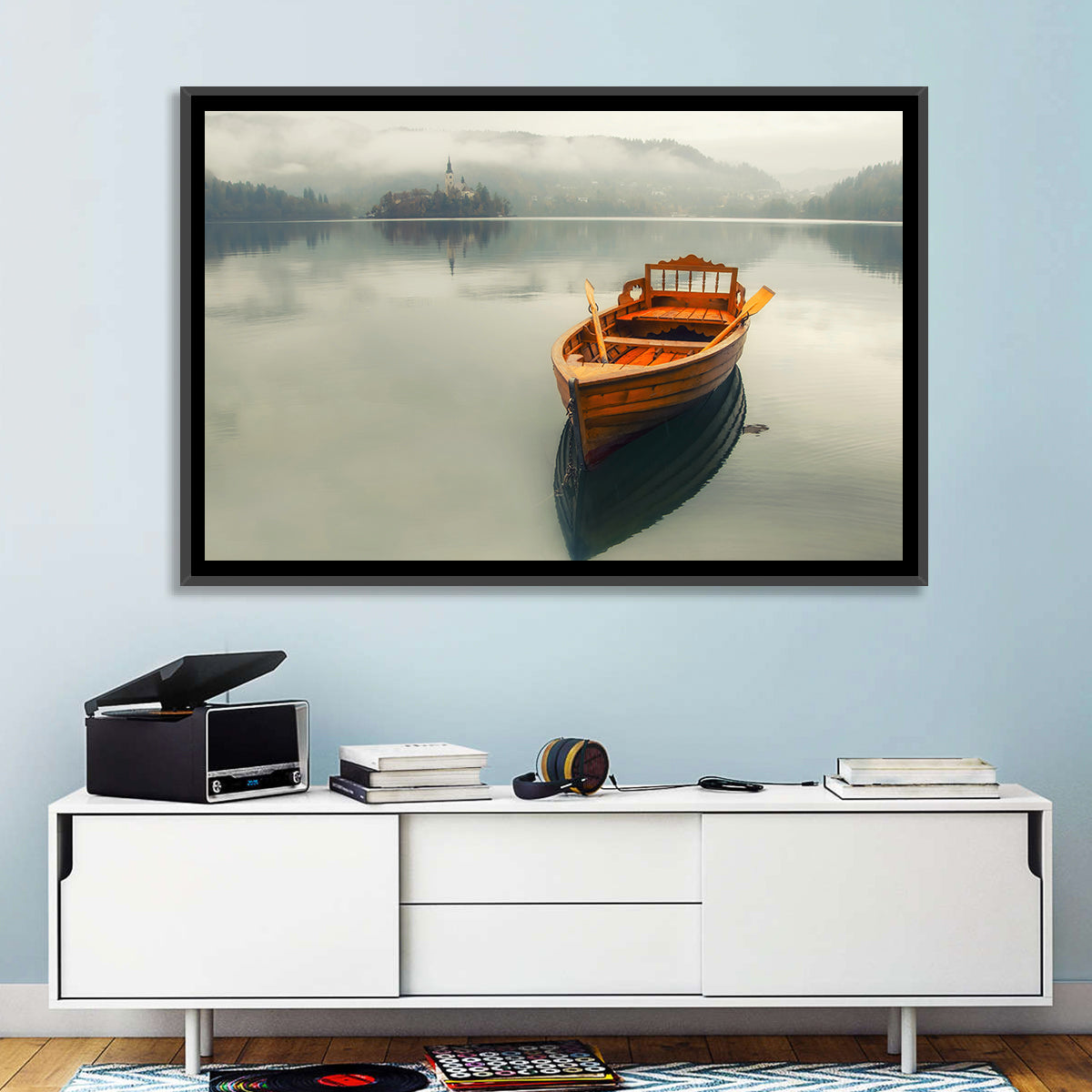 Wooden Boat on Misty Lake Bled Wall Art