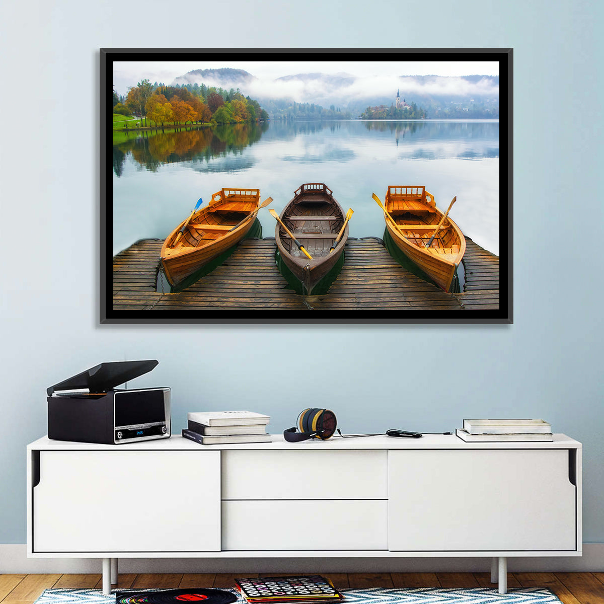Moored Boats on Misty Lake Bled Wall Art in a room, landscape