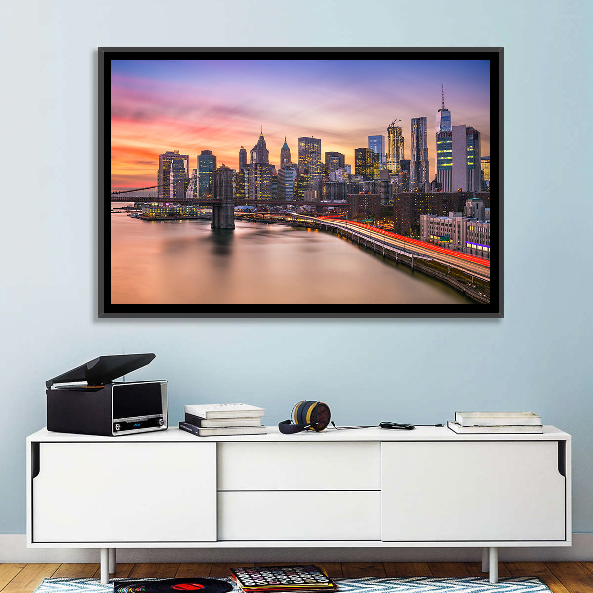 Brooklyn Bridge Light Trails Over Lower Manhattan Wall Art in a room, landscape