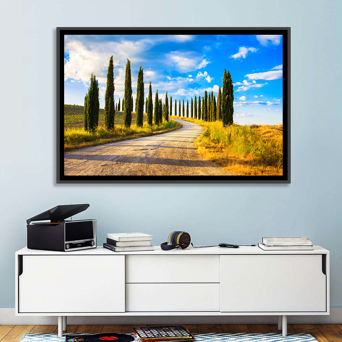 Sunlit Tuscany Cypress Road Wall Art in a room, landscape