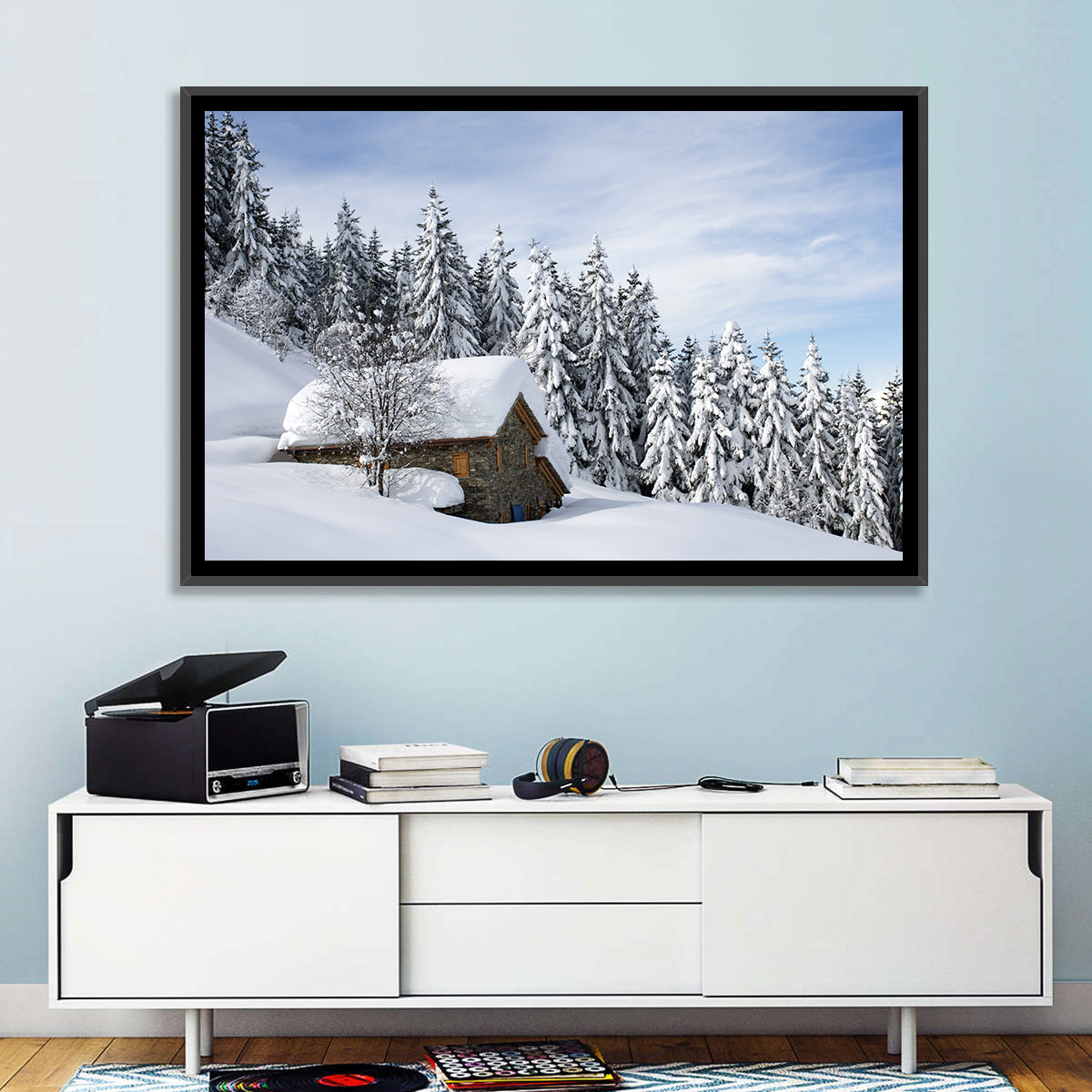 Snow Covered Alpine Cabin Wall Art in a room, landscape